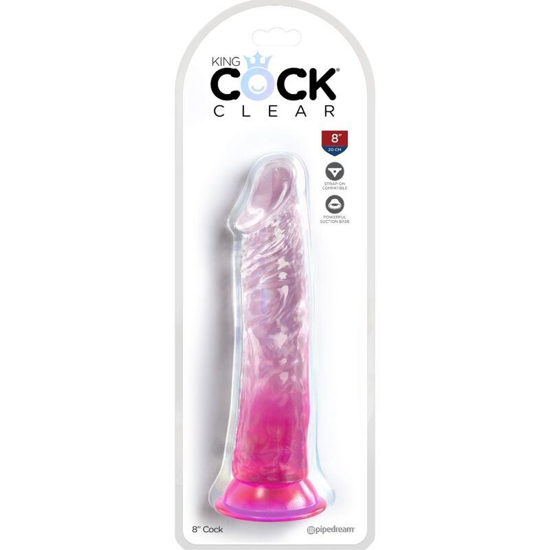 Boite King Cock Clear 8 pouces, blister presentant le gode realiste translucide degrade rose a base ventouse en TPE, mention Cock et logo Pipedream, effet cristal transparent, format elance.