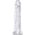Gode King Cock Clear translucide élancé et fin, gland défini et fût veiné, petite base ventouse, plan vertical net sur fond blanc.