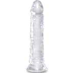 Gode King Cock Clear translucide élancé et fin, gland défini et fût veiné, petite base ventouse, plan vertical net sur fond blanc.