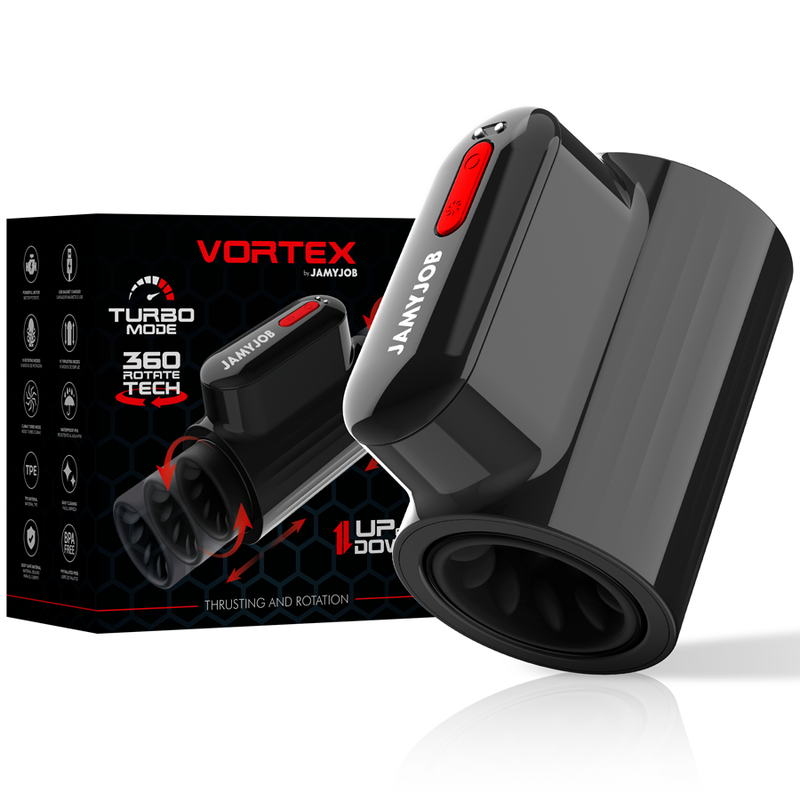 Masturbateur Vortex JAMYJOB à côté de son emballage, mention mode turbo et rotation 360°