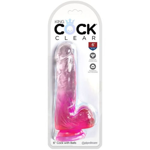 Boite King Cock Clear 6 pouces Cock with Balls, gode realiste en degrade rose translucide avec testicules, packaging Pipedream et base ventouse en blister.
