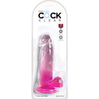 Boite King Cock Clear 7 pouces, gode realiste en degrade rose translucide avec testicules, packaging Pipedream et base ventouse pour un maintien mains libres.