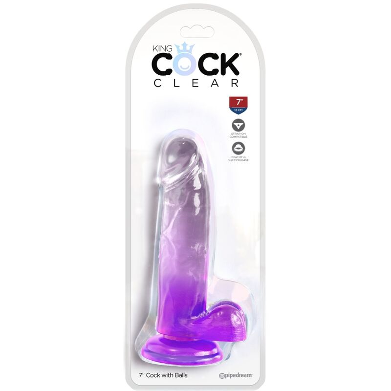 Boite King Cock Clear 7 pouces Cock with Balls, gode realiste en degrade violet translucide avec testicules, packaging Pipedream et base ventouse visible.