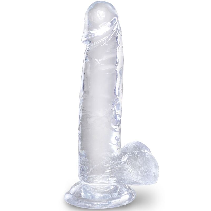 Gode realiste en gelee cristal dresse, gland prononce et veines marquees, testicules moules et base ventouse stable, modele King Cock Clear 7 pouces.