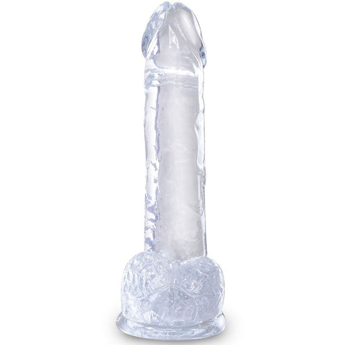 Gode realiste en gelee transparente dresse, tete bombee et fut veine, testicules sculptes et large base ventouse pour une stimulation realiste mains libres.