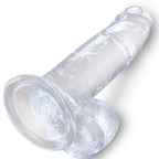 Gode realiste en gelee transparente couche de trois quarts, tige veinee et gland prononce, testicules moules et base ventouse large pour un maintien stable.