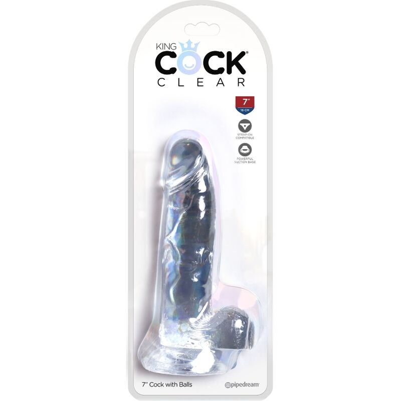 Boite King Cock Clear 7 pouces Cock with Balls, gode realiste en gelee transparente avec testicules, packaging Pipedream et base ventouse visible en blister.