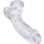 Gode realiste transparent King Cock Clear, gland et testicules moules dans la matiere translucide, profil courbe mettant en valeur le relief sur fond blanc.