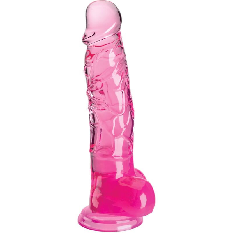 Gode realiste en gelee rose translucide dresse, gland net, veines et testicules moules, base ventouse adherente pour un usage mains libres compatible harnais.