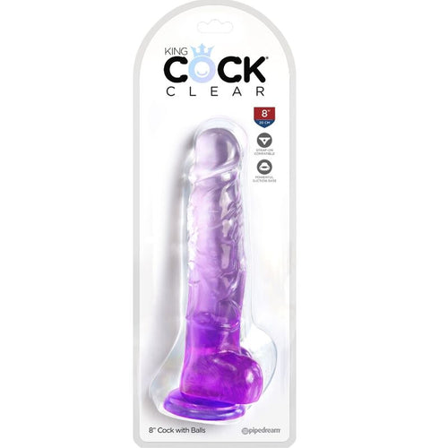 Boite King Cock Clear 8 pouces Cock with Balls, gode realiste en gelee violette translucide avec testicules, packaging Pipedream et base ventouse visible.