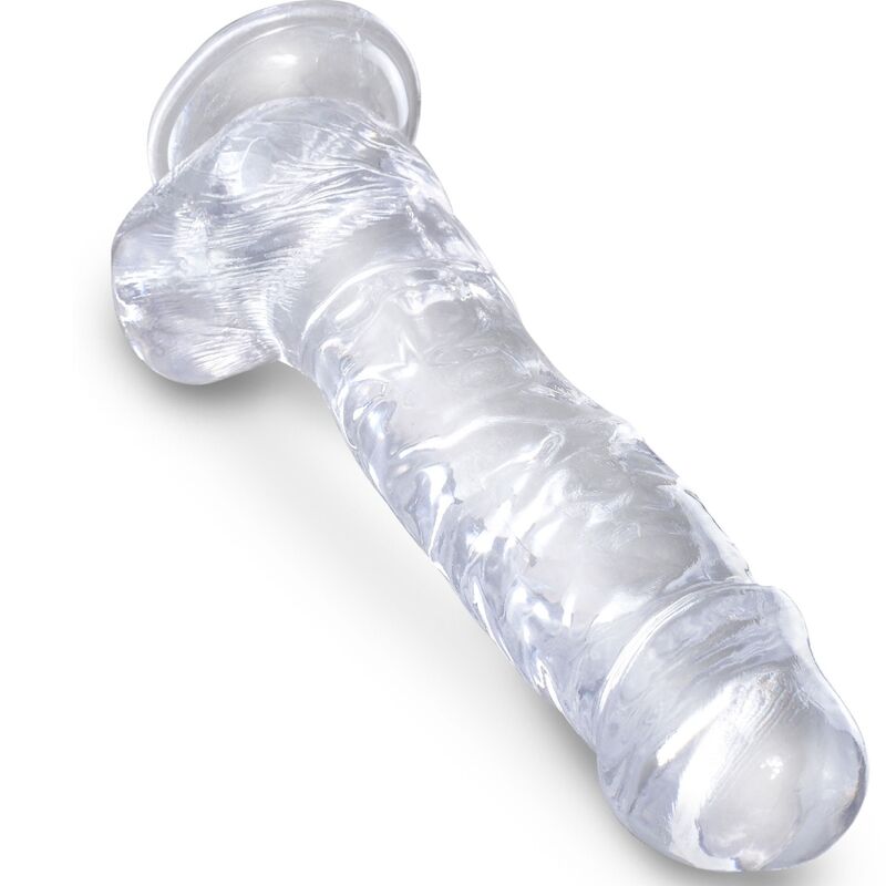Gode realiste en gelee transparente couche, gland net et veines marquees, testicules genereux et base ventouse large pour un maintien sur sur surface plane.