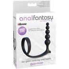 Boite Anal Fantasy Collection Ass-Gasm Cockring anal beads montrant le combo anneau et chapelet en silicone noir, packaging Pipedream sur fond blanc.