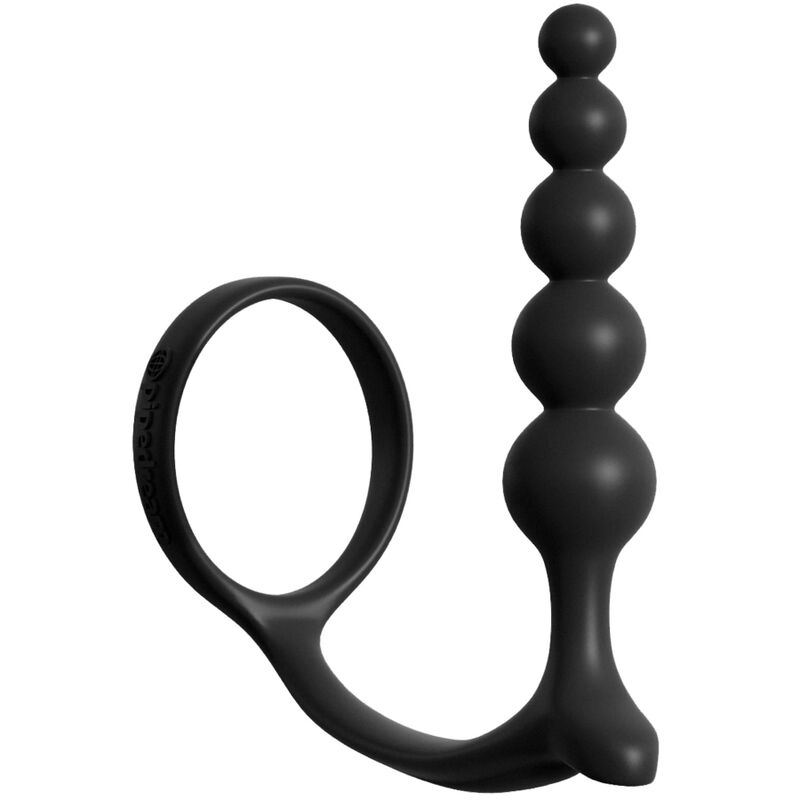 Combo anneau penien et chapelet anal a billes progressives en silicone noir Anal Fantasy, vue de profil de l'accessoire sur fond blanc.