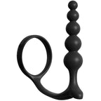 Combo anneau penien et chapelet anal a billes progressives en silicone noir Anal Fantasy, vue de profil de l'accessoire sur fond blanc.
