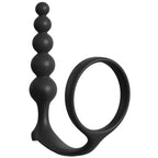 Anneau penien et chapelet anal a billes graduees en silicone noir Anal Fantasy, presentation rapprochee du jouet sur fond blanc.