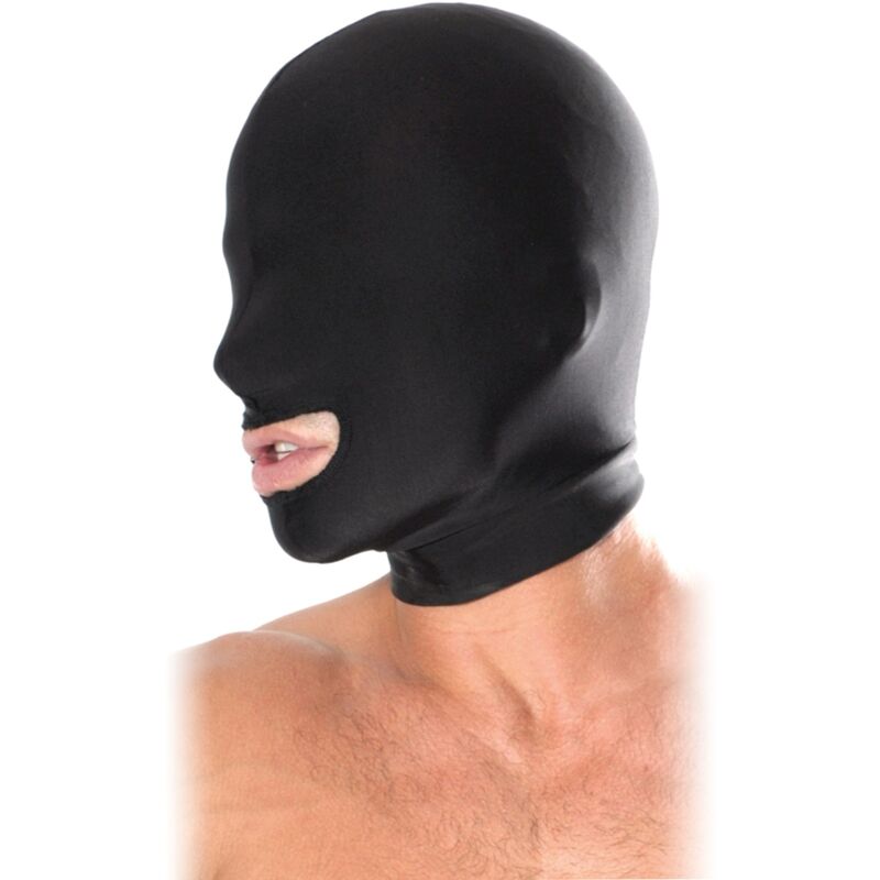 Cagoule BDSM à bouche ouverte en tissu extensible noire — vue principale