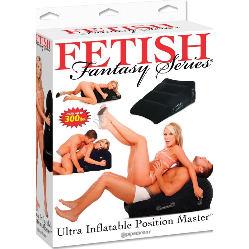 Boite Fetish Fantasy Series du coussin gonflable Ultra Inflatable Position Master, illustrant les positions facilitees par ce coussin de soutien rembourre pour le jeu a deux.