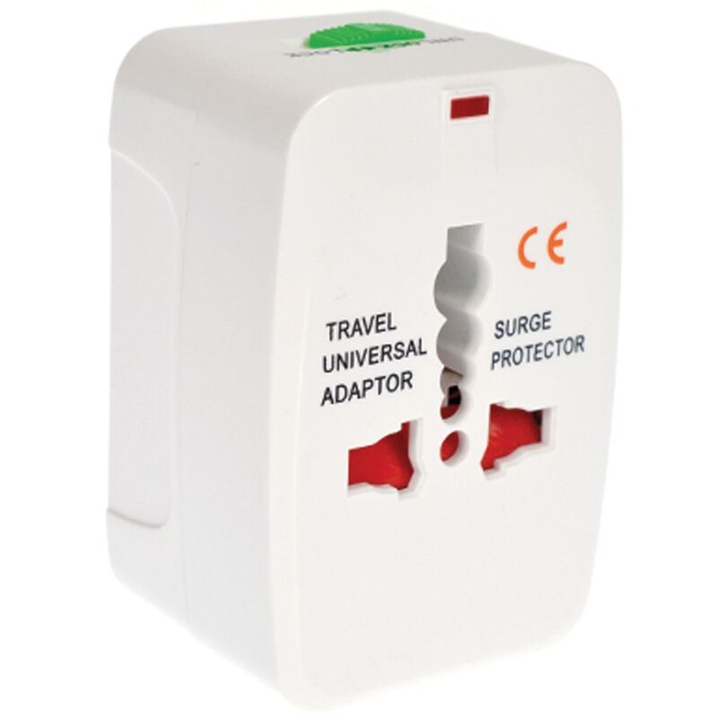 Adaptateur secteur universel de voyage blanc fourni avec la machine The Bigger Bang, prise multi-pays avec protection contre les surtensions.