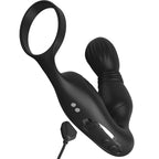 Anneau penien et plug prostatique en silicone noir, boutons de commande sur la base et cable de charge, pour stimuler le point P pendant l'erection.