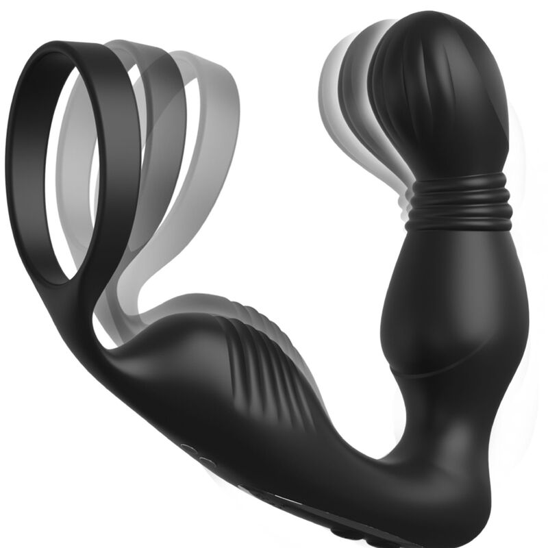 Anneau penien et stimulateur prostatique en silicone noir presente avec ses boucles extensibles, plug a tige nervuree pour le massage du point P.