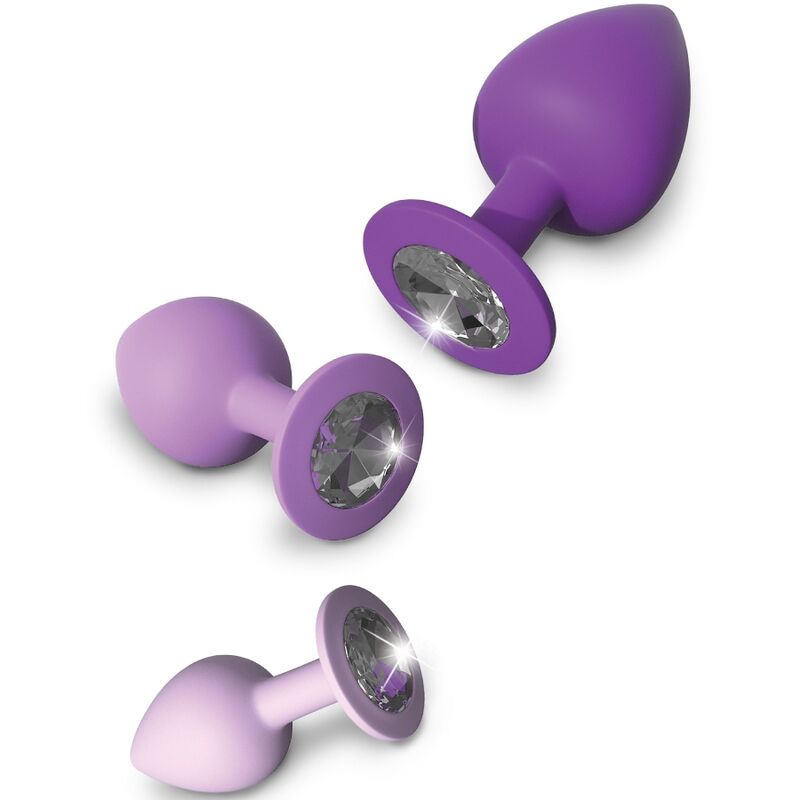 Ensemble de plugs anaux violets avec strass à la base, le plus grand (violet foncé) au premier plan