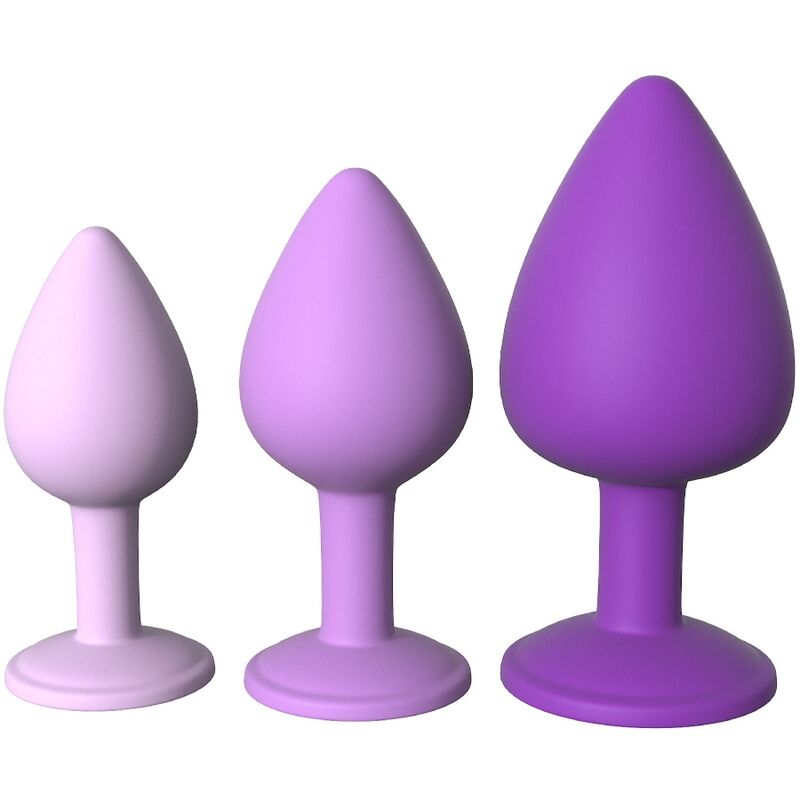 Ensemble de trois plugs anaux en silicone violet (S/M/L) debout, socles sans relief apparent