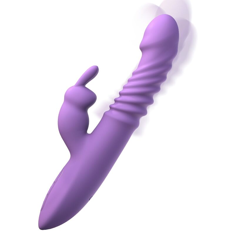 Vibrateur rabbit lapin violet vu en diagonale, tige spiralée et oreilles de lapin sur le côté
