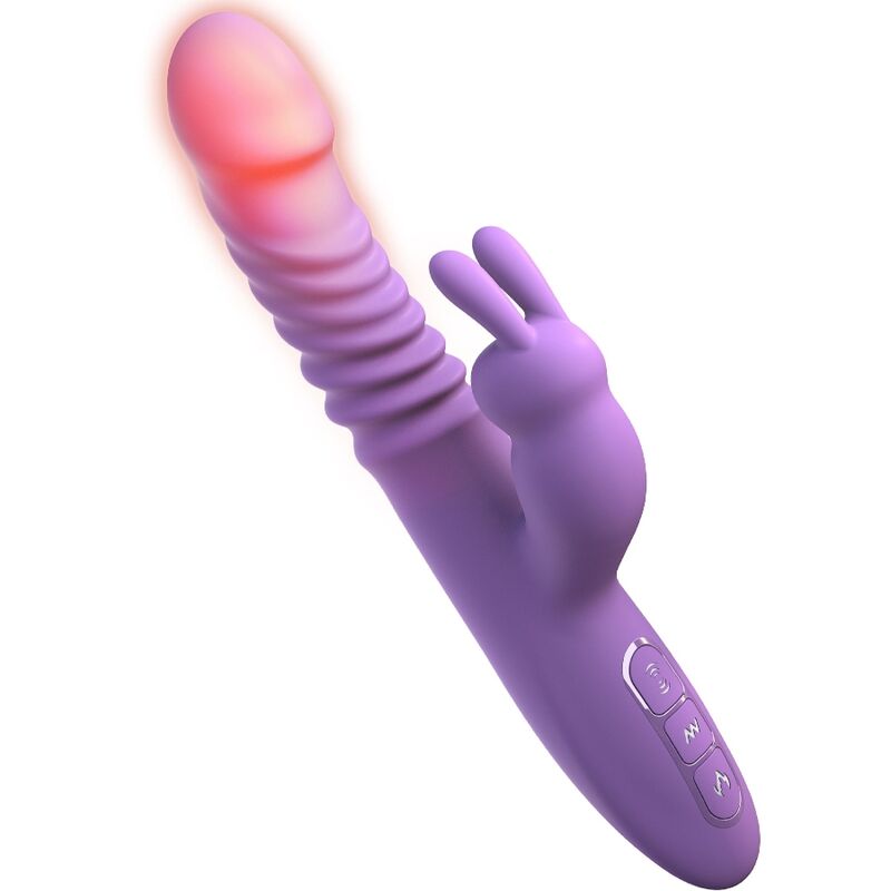 Vibrateur rabbit lapin violet, embout lumineux orangé (fonction chauffante) et boutons de commande visibles
