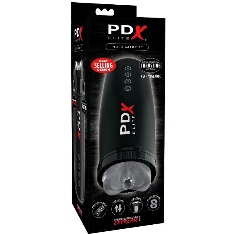 Emballage du Moto-Bator 2 PDX Elite avec le produit, mentions rechargeable et thrusting