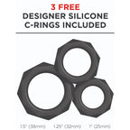 Trois anneaux péniens en silicone noir offerts avec l'Extender Pro, tailles 38, 32 et 25 mm