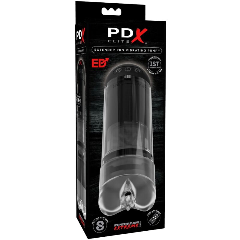 Emballage de l'Extender Pro PDX Elite, mentions technologie d'aspiration intermittente et rechargeable