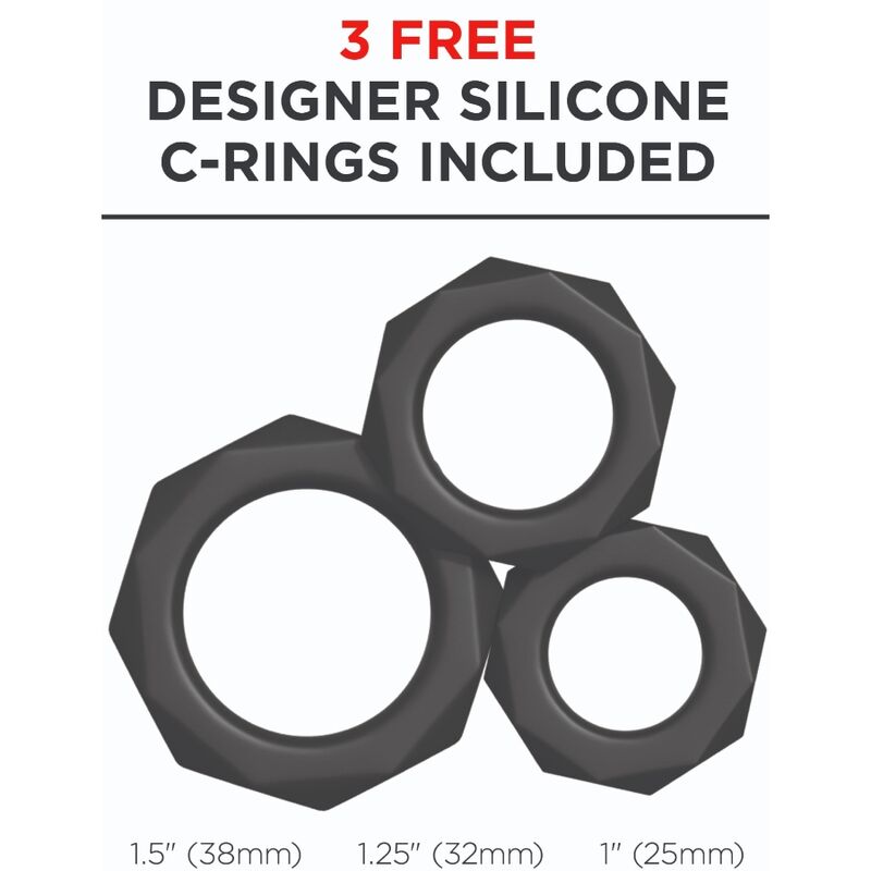 Trois anneaux péniens en silicone noir offerts avec l'Ultimate Milker, tailles 38, 32 et 25 mm