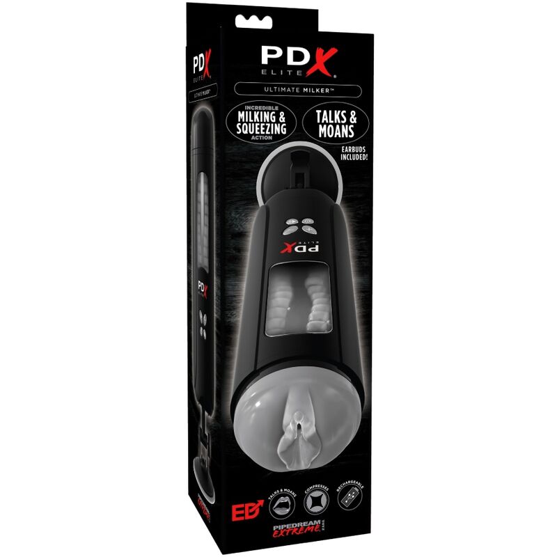 Emballage de l'Ultimate Milker PDX Elite, mentions fenêtre transparente, sons et écouteurs inclus