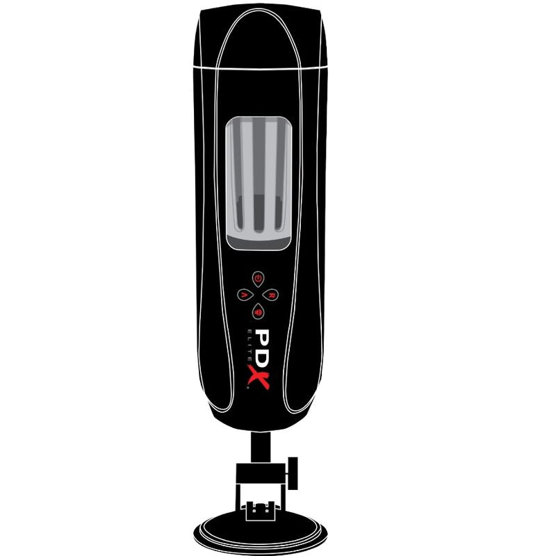Ultimate Milker 2 PDX Elite en rendu illustré, fixé sur ventouse, fenêtre centrale sur le mécanisme interne