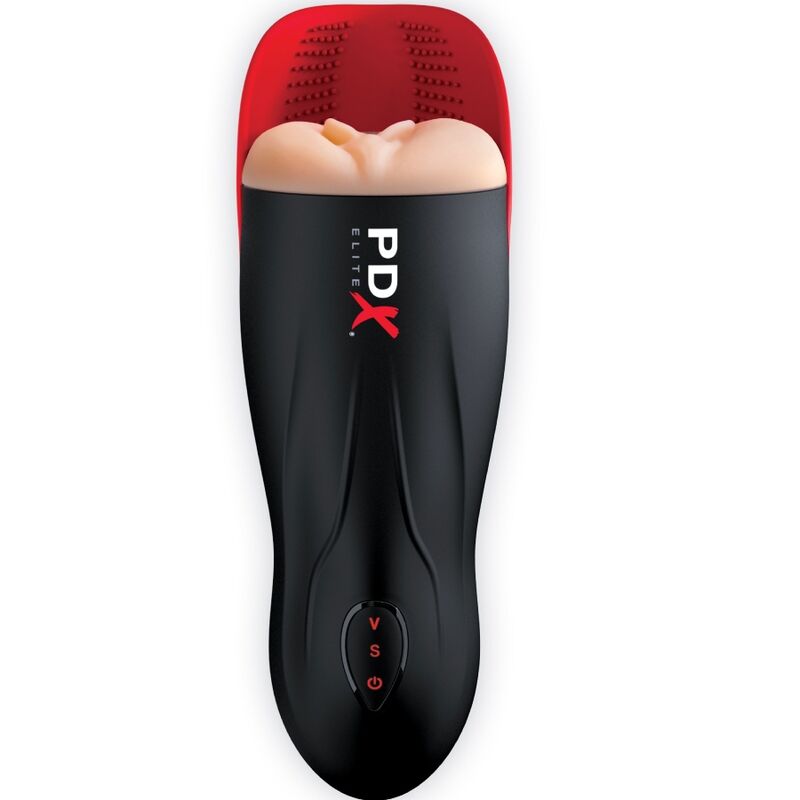 Fuck-O-Matic PDX Elite incliné, boîtier noir avec boutons et anneau texturé rouge visible en haut