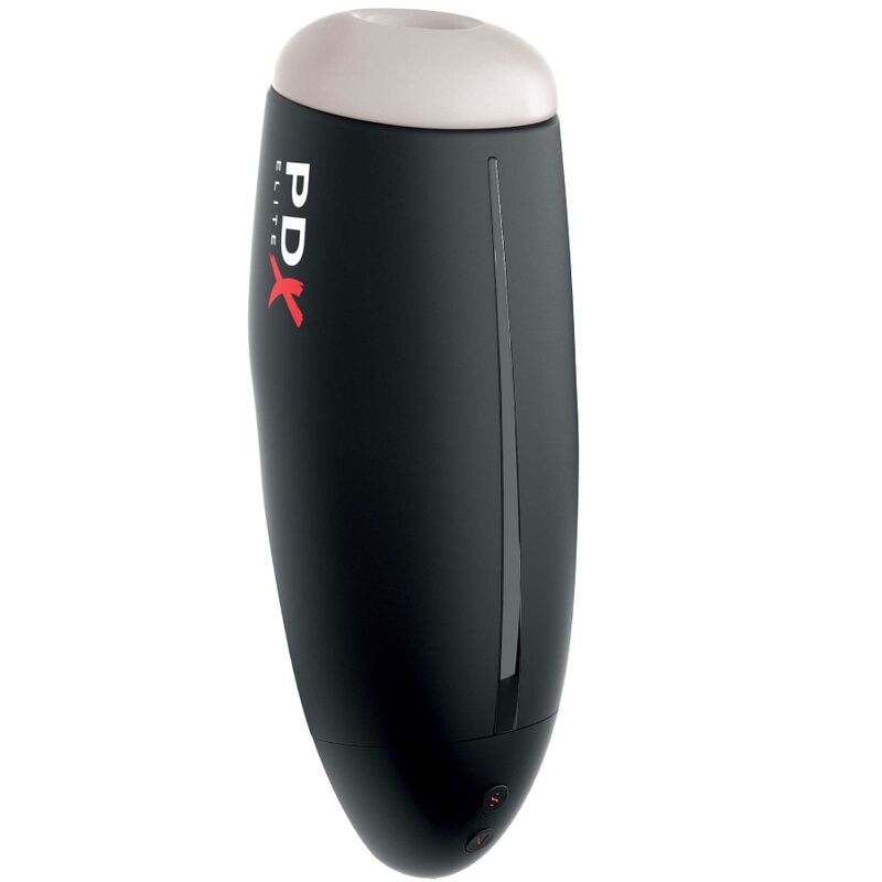 Fap-O-Matic PDX Elite retourné, embout blanc en haut et boutons S/V visibles en bas