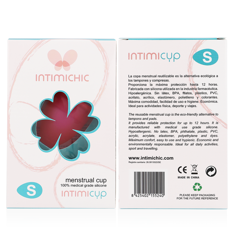 Boite de la coupe menstruelle Intimichic taille S vue recto-verso, mentions silicone medical et descriptif produit pour une protection intime ecologique reutilisable.