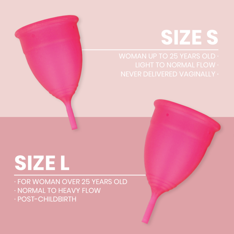 Deux coupes menstruelles Intimichic en silicone rose, tailles S et L, presentees ensemble avec leurs criteres d'usage selon l'age et l'intensite du flux.