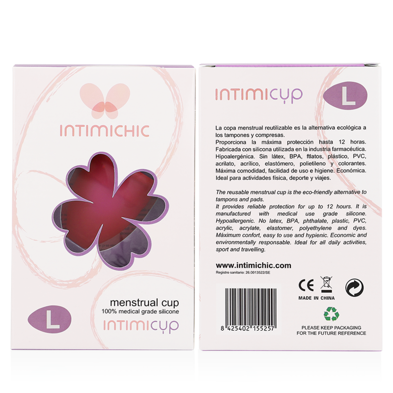 Boite de la coupe menstruelle Intimichic taille L vue recto-verso avec descriptif et code-barres, alternative ecologique aux tampons en silicone medical.