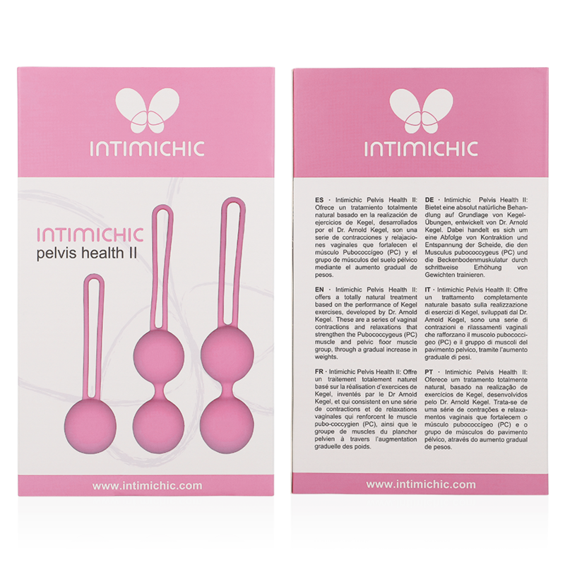 Boites Intimichic Pelvis Health II vues recto-verso avec descriptif multilingue, coffret de boules de Kegel progressives pour la reeducation du plancher pelvien.