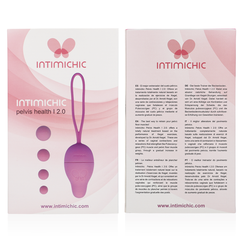 Boites Intimichic Pelvis Health 2.0 vues recto-verso avec descriptif multilingue, coffret oeuf de Kegel a poids progressifs en silicone medical.