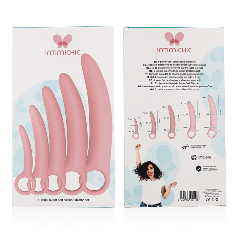 Boites Intimichic du coffret de cinq dilatateurs en silicone vues recto-verso avec cotes et descriptif, set de dilatation vaginale progressive super souple.