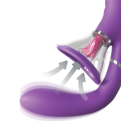 Gros plan sur l'embout oral du stimulateur avec langue rose visible et fleches illustrant la succion d'air