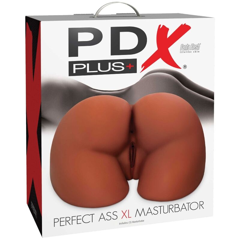 Boite PDX Plus Perfect Ass XL Masturbator, visuel d'un fessier realiste teinte chocolat grand format sur l'emballage argente.