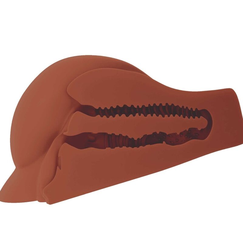 Vue en coupe du masturbateur PDX Perfect Ass XL teinte chocolat, tunnel interne texture revele pour montrer le relief de stimulation.