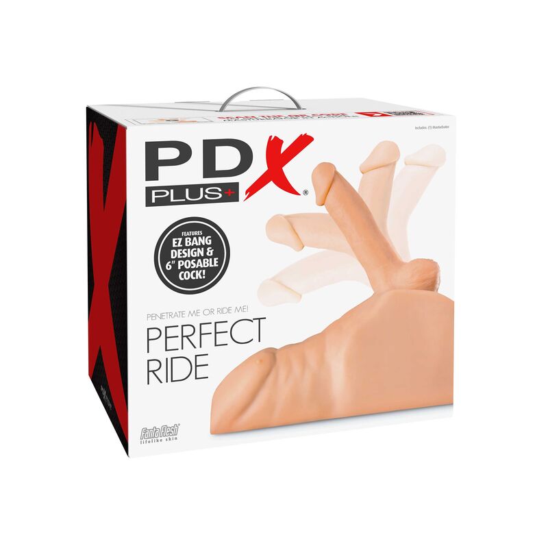 Boite PDX Plus Perfect Ride, visuel d'un buste masculin realiste a godes multiples sur l'emballage, masturbateur EZ Bang grand format.