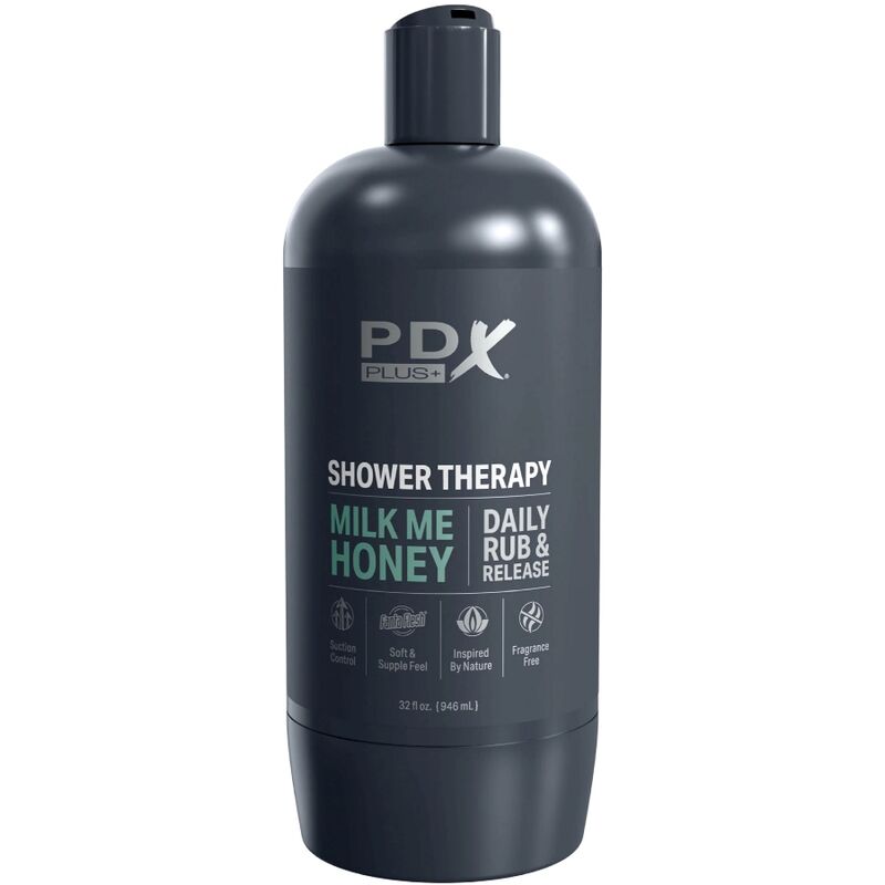 Masturbateur PDX Shower Therapy Milk Me Honey en format bouteille grise, design discret de produit de douche pour un rangement camoufle.