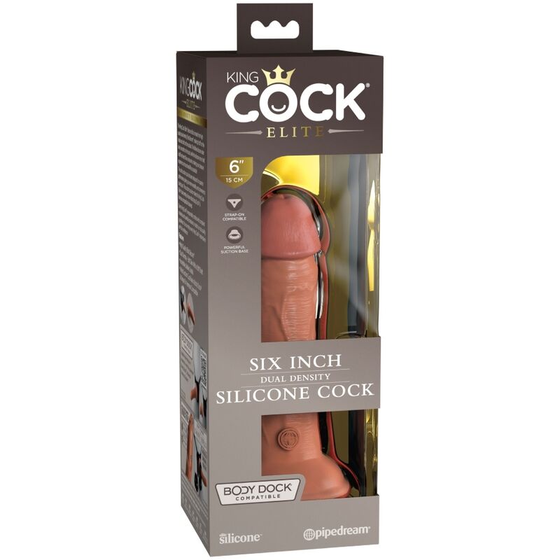 Boite King Cock Elite Six Inch Silicone Cock, autre angle de l'emballage avec le gode realiste caramel bi-densite et logo Pipedream.
