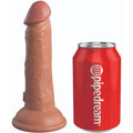 Gode realiste King Cock Elite six pouces en silicone bi-densite teinte caramel, gland et veines sculptes, compare a une canette Pipedream pour l'echelle.