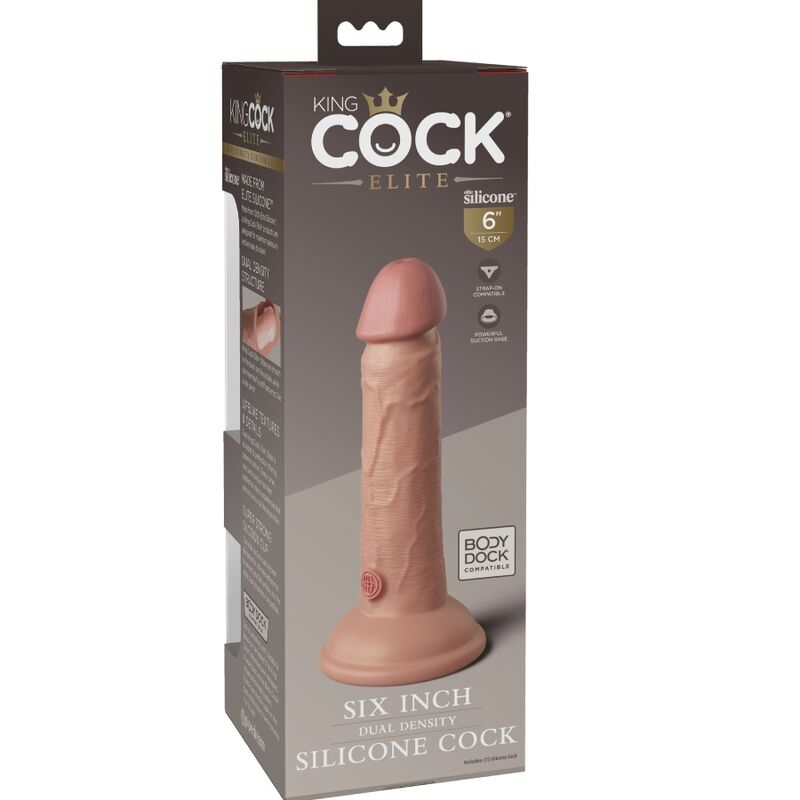 Boite King Cock Elite Six Inch Silicone Cock teinte claire, autre angle de l'emballage avec le gode realiste bi-densite et logo Pipedream.